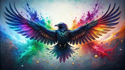 Obraz premium A majestic raven in vibrant flight, surrounded by a kaleidoscope of colorful paint splatter and cosmic dust.