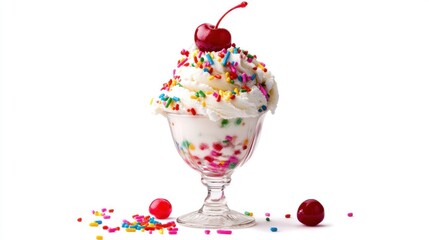 ice cream in a small glass with milk topping and cherries isolated on white background