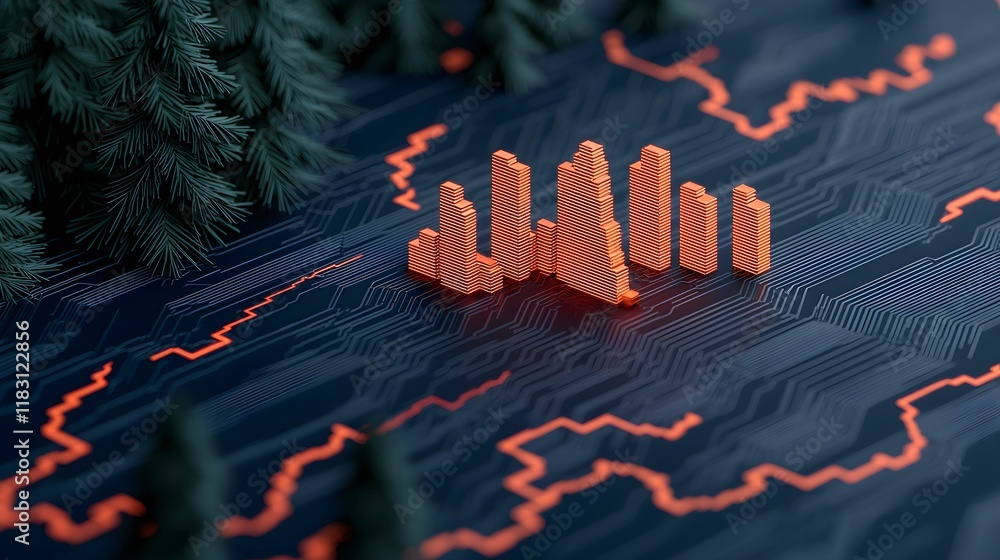 Poster abstract 3d landscape with orange bars on dark circuit pattern background