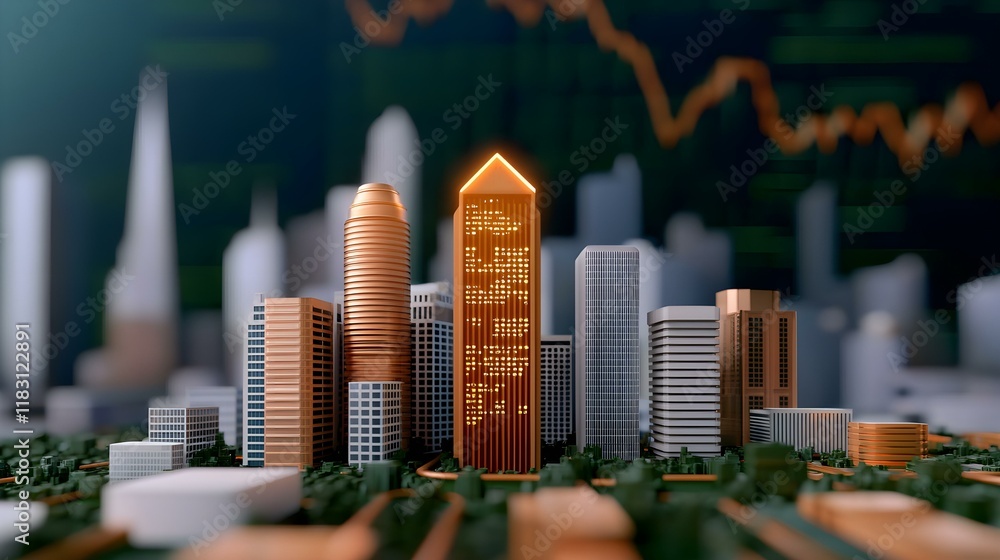 Poster futuristic city skyline with digital graphs and illuminated architecture