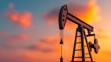 Oil Pump Jack at Sunset with Colorful Sky and Soft Clouds in Background