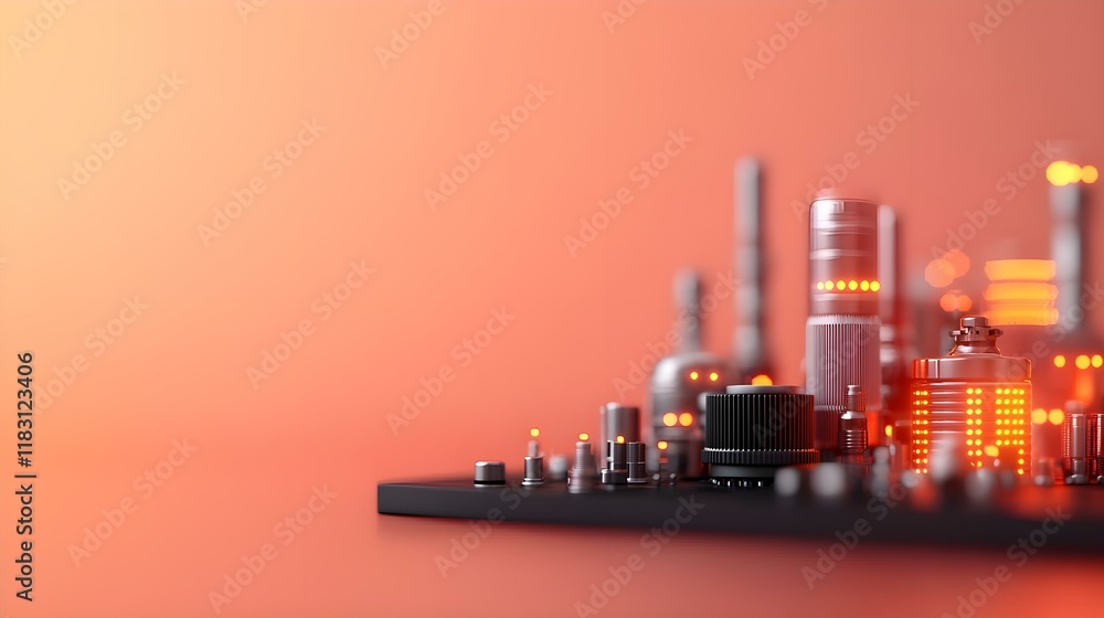 Poster futuristic cityscape with glowing structures and abstract technology elements