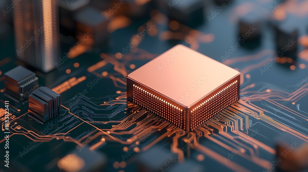 Poster close-up of a copper microchip on a circuit board with neon background