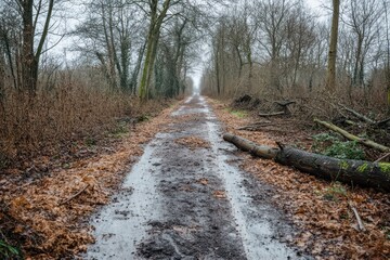 Fototapeta premium Muddy path through autumn woods, leaves strewn along the way. Perfect for illustrating themes of nature, journeys, or solitude.