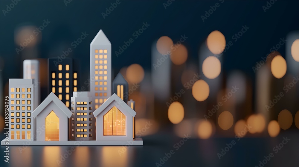 Poster miniature city model with illuminated buildings on colorful bokeh background