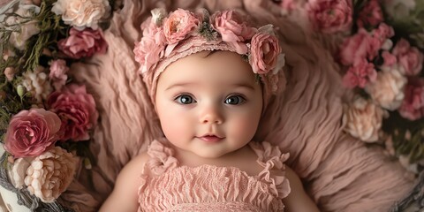 Fototapeta premium Infant Girl in Floral Crown: Delicate Pink Portrait