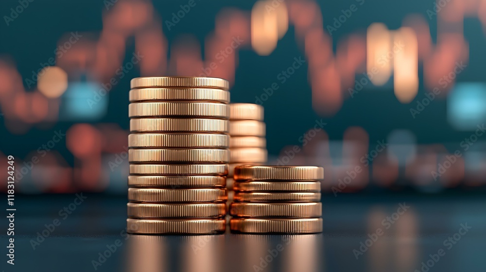 Poster stacked coins on table with blurred background of financial graph trends