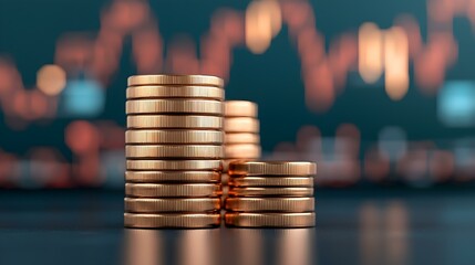 Stacked Coins on Table with Blurred Background of Financial Graph Trends