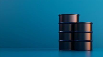 Black Oil Drums Stacked on a Smooth Blue Background in a Modern Style