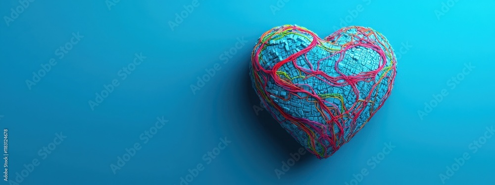 Poster a heart made of string is on a blue background