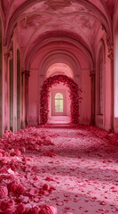 Fototapeta premium Pink Hallway of Roses: A Surreal Architectural Dream