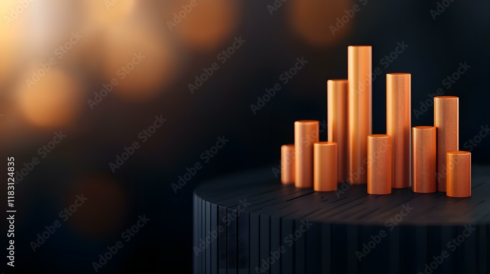 Poster abstract arrangement of copper cylinders on dark surface with bokeh background