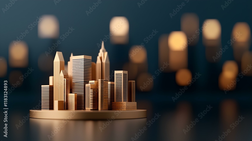 Aufkleber miniature cityscape model with soft warm lighting and bokeh background