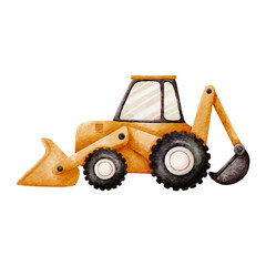 Construction Vehicle Watercolor Vector with Orange Backhoe on White Background design 007