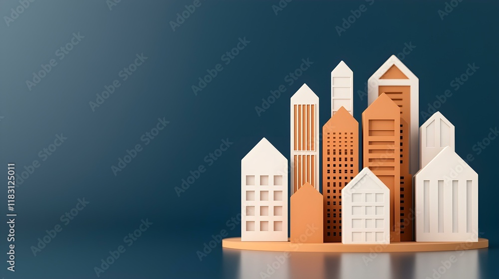 Poster colorful 3d model of modern building structures with geometric shapes
