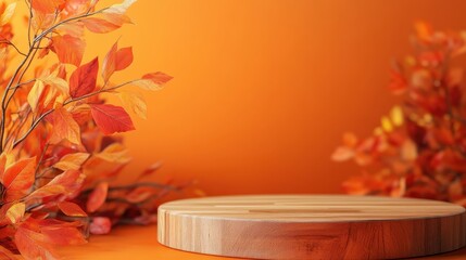 Wooden platform with autumn leaves. Perfect for fall product displays or seasonal promotions.