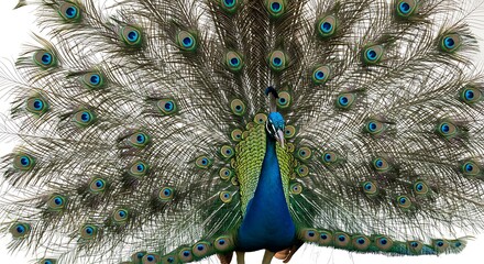 Fototapeta premium Majestic Peacock Displaying Stunning Tail Feathers Wildlife Bird