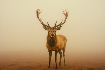 Fototapeta premium Majestic red deer stag stands in fog. Ideal for nature, wildlife, or autumn themes.