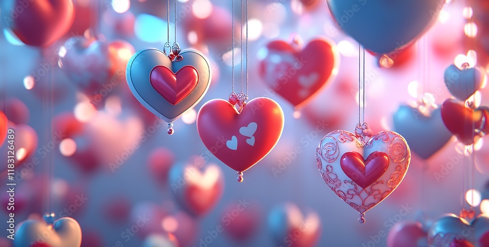 Poster a cluster of hearts suspended on strings