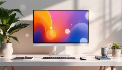 Desktop computer mockup with customizable screen, home office