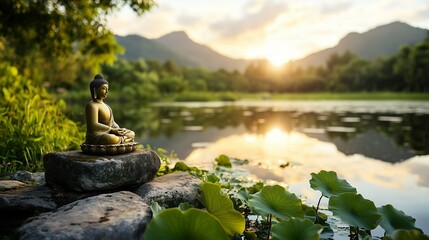 Serene Buddha by Tranquil Water at Sunset