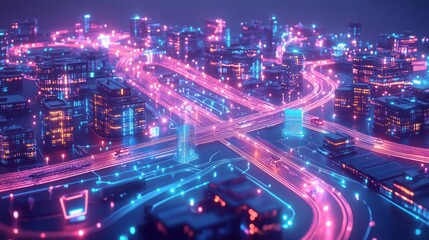 Fototapeta premium Futuristic city at night with glowing roads and buildings.