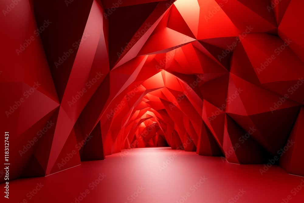 Poster minimalistic 3d render of abstract red tunnel with geometric shapes in various shades of red