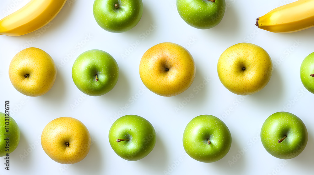 Aufkleber flat lay of green and yellow apples and bananas arranged in a repeating pattern on a white backgroun
