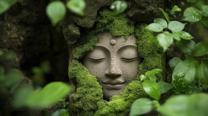 Fototapeta premium Serene Buddha Face Surrounded by Greenery and Moss