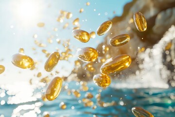 Golden fish oil softgels with olive oil suspended in air against ocean blue background