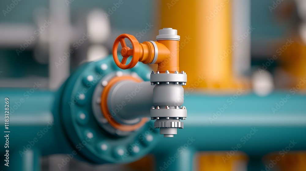 Poster industrial valve and pipe system with colorful details in engineering setting