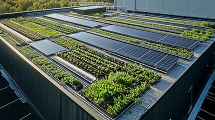 Eco-Friendly Rooftop Solar Garden in Futuristic Integrated Warehouse with Renewable Innovations on Display