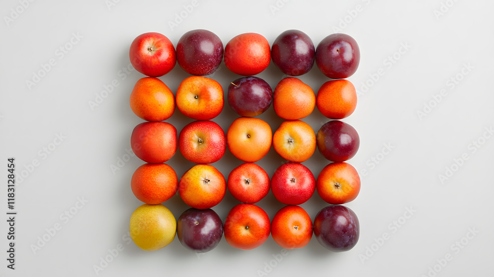 Aufkleber a vibrant arrangement of apples and plums in a grid pattern, showcasing a spectrum of colors from ye