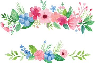 Obraz premium Watercolor Floral Border with Pink and Blue Flowers