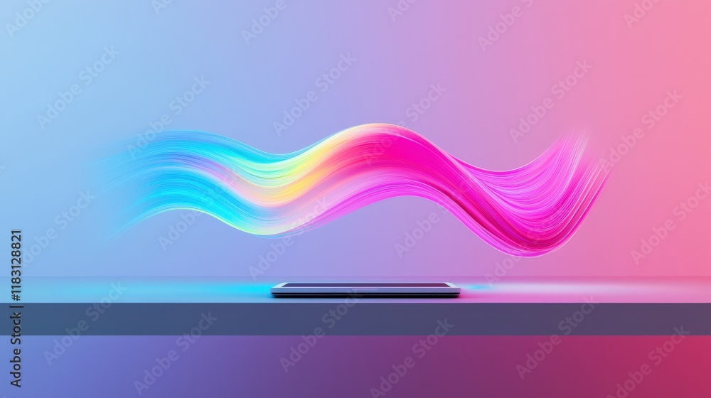 Poster a phone is on a table with a colorful wave behind it
