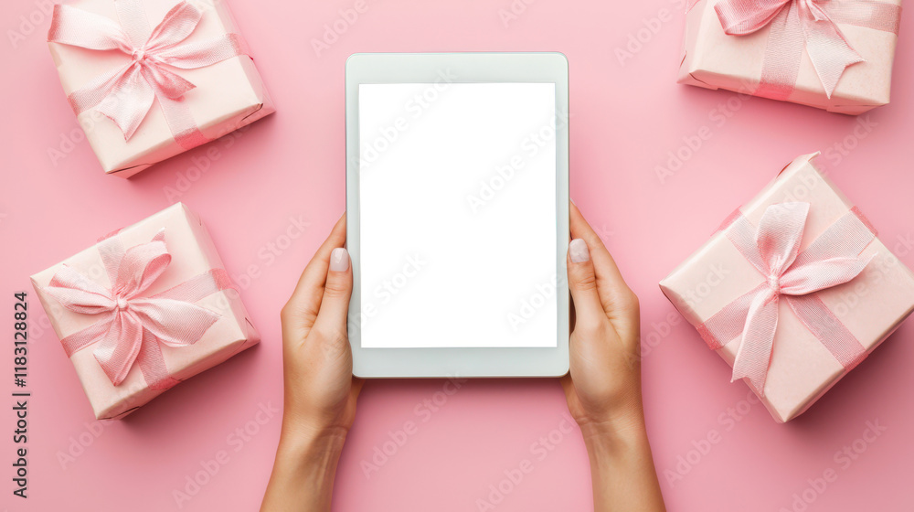 Wall mural A young woman is holding a silver tablet with a white screen, top view, close-up. A mockup of the tablet on the background of a light pink table with cute gift boxes. March 8th