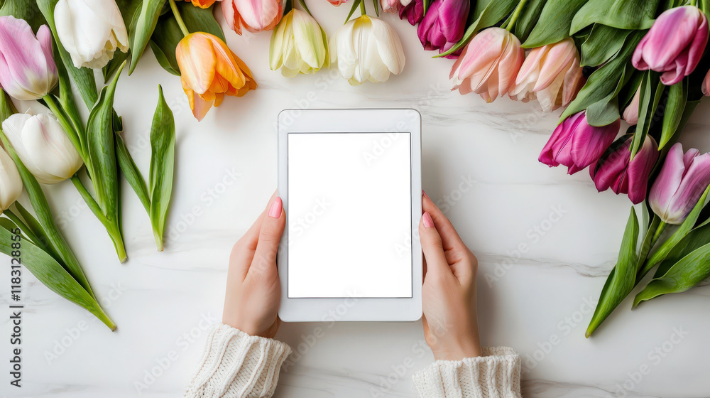 Wall mural The florist's desk. A woman holds a tablet with a white screen in front of a bouquet of colorful tulips, top view. A mockup of the tablet for the presentation of the application