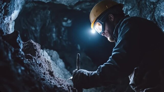 Miner working underground in a dark, rocky cave, wearing a helmet with a headlamp and protective goggles chipping away at rocks. A detailed scene depicting mining labor. Video made using Generative AI