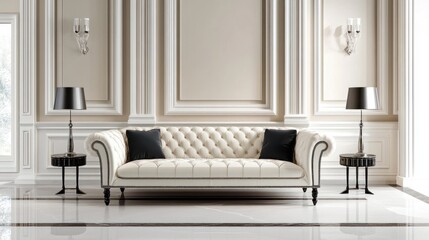 Elegant Living Room Interior Design: Classic White Sofa, Black Accents, and Marble Floor
