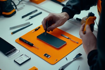 Technician assembling smartphone on vibrant orange mat  a close up focus on tools and components