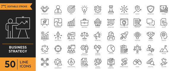 Business Strategy icon set. Containing Srtategy, startup, teamwork, people, plan, payment, management, target, employee, and more. Vector illustration