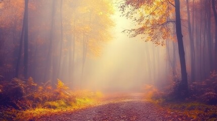 Obraz premium Harmonic autumn scenery in a colorful beech forest, with a footpath and a beam of soft light in tranquil misty atmosphere - ai