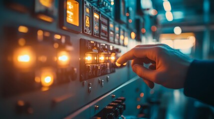 Intricate industrial electrical control panel with glowing switches in soft lighting setting
