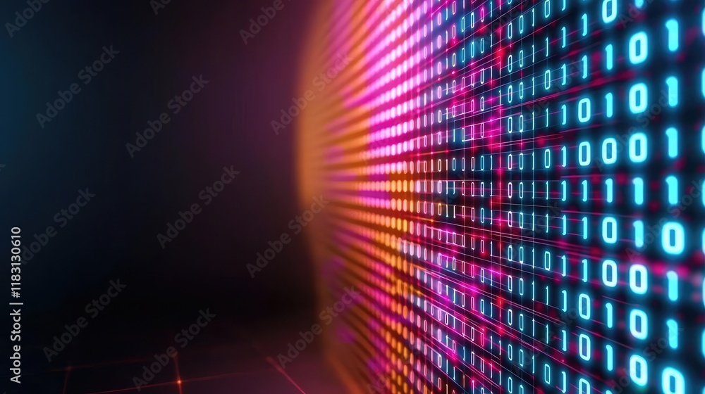 Fototapete Matrix abstract background idea. Vibrant digital data visualization with binary code and colorful light patterns.