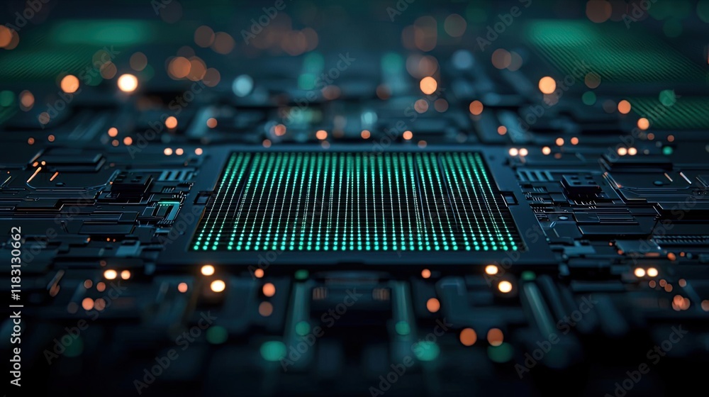 Poster Matrix abstract background idea. Close-up view of a circuit board with glowing elements and intricate details.