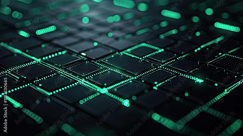 Aufkleber Matrix abstract background idea. Abstract digital circuit board with glowing green lights and intricate patterns.