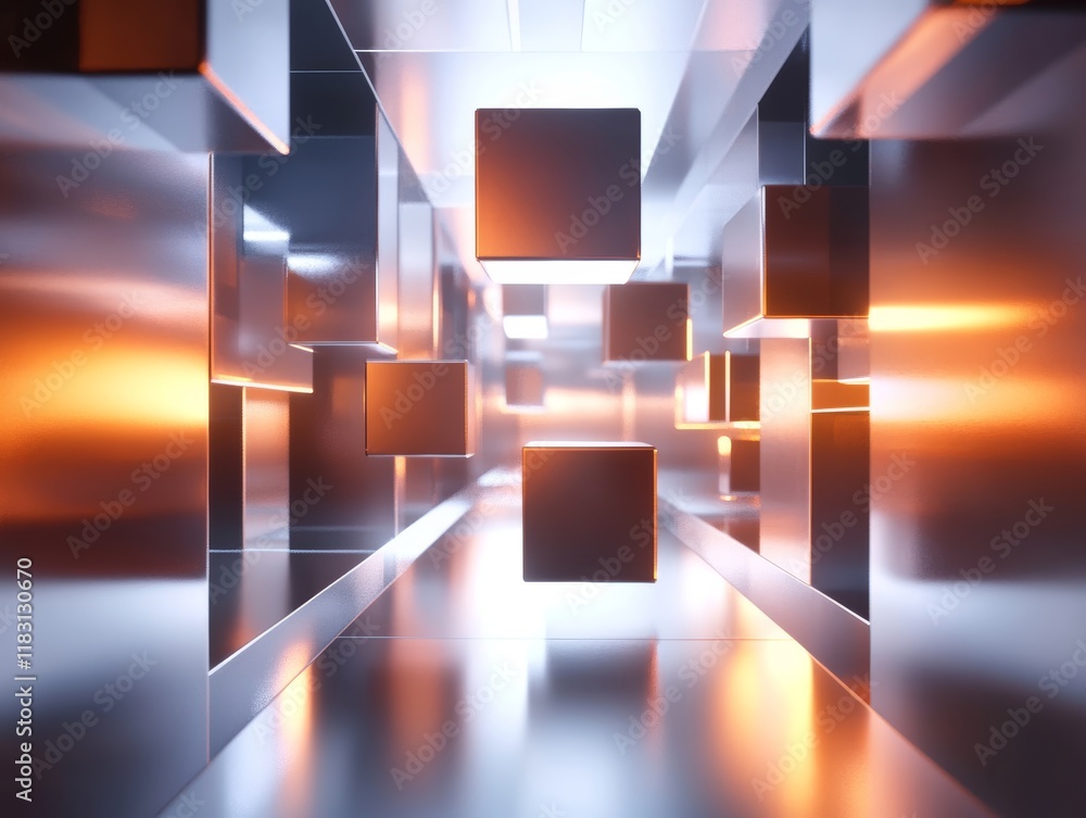 Poster glowing geometric cubes float in a dimly lit futuristic room with metallic reflections and shadows
