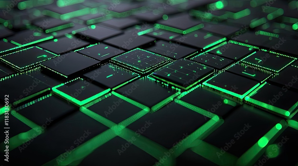 Poster matrix abstract background idea. close-up of a glowing green keyboard, highlighting technology and i
