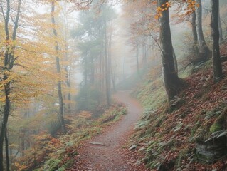 Obraz premium Harmonic autumn scenery in a colorful beech forest, with a footpath and a beam of soft light in tranquil misty atmosphere - ai