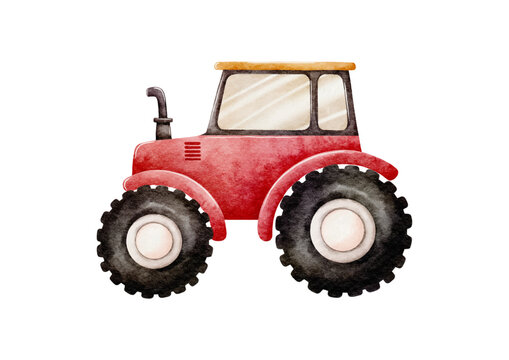 Farmer Vehicle Watercolor Vector with Red Tractor on White Background design